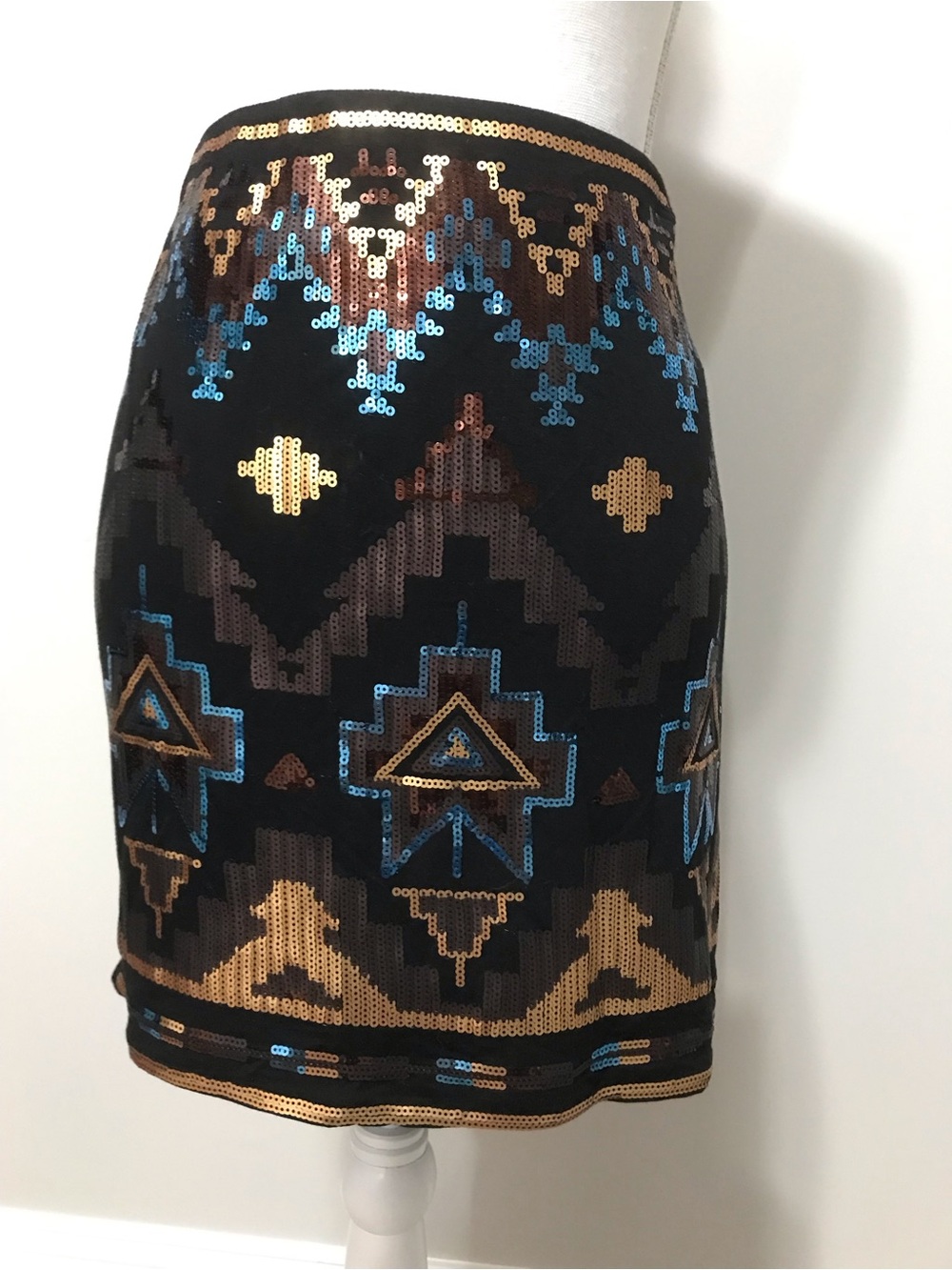 NWT Sequin Aztec Mini Skirt with Blue and Gold Accents - Picture 2 of 7